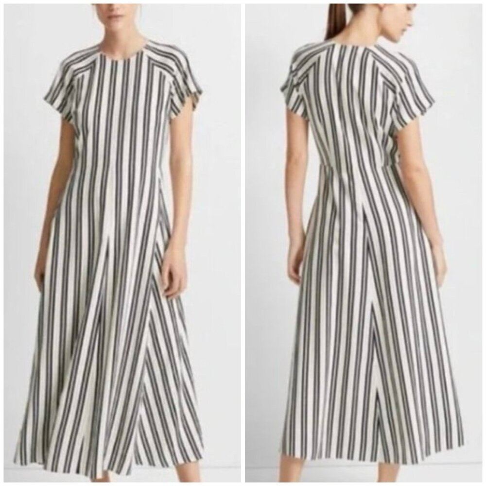 Club Monaco Black White Striped Maxi Dress Short Sleeve A-Line Flowy Chic 4 S
